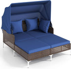 Tangkula Outdoor Rattan Daybed with Retractable Canopy, Boho Patio Wicker Sunbed with Metal Support, Pillows & Cushions, Outdoor Double Chaise Lounge with Shade for Backyard, Poolside, Deck & Balcony