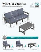SERWALL HDPE Patio Sofa Set, 4-piece Sectional Outdoor Furniture Set, All Weather Outdoor Couch Set Patio Furniture Set for Deck, Lawn, Grey Frame with Grey Cushion