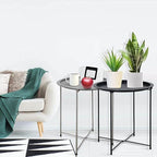 Garden 4 you Folding Tray Metal Side Table 2PC Grey Round End Table Cyan Sofa Small Accent Fold-able Table, Round End Table Tray, Next to Sofa Table, Snack Table for Living Room and Bed Room