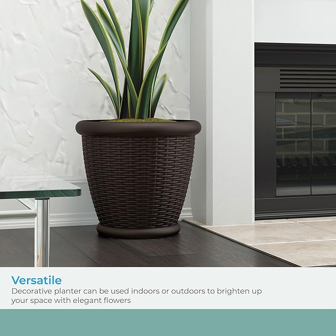 Suncast 3 Pack Wicker Planter w/Drillable Drain Holes, Decorative Indoor/Outdoor Pot, 18in, Java