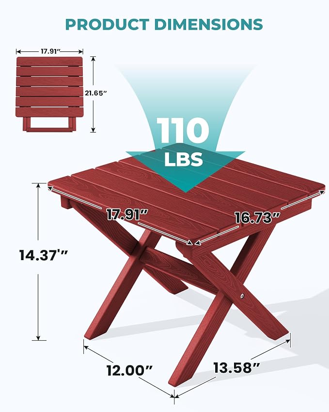 Side Table, Red Folding HDPE Outdoor Table, No Assembly Needed