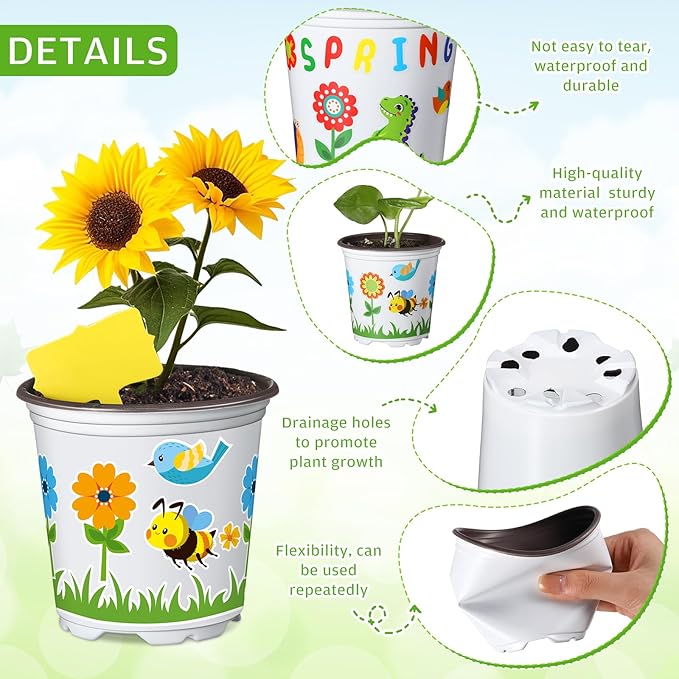 Capoda 48 Sets Garden Flower Pots Crafts Kit DIY Spring Plastic Seedling Nursery Pots with Stickers Plant Labels Growth Charts Planting Growing Tools Classroom Activities Project Gifts (Round)