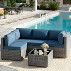 JAMFLY Patio Furniture Sets, 5-Piece Outdoor Patio Furniture with Thick Cushions, Wicker Outdoor Conversation Set Sectional Sofa for Backyard, Poolside, Garden, Aegean Blue