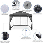 OASISHOME 10'x10' Pop-Up Gazebo Canopy Tent with Netting Sidewalls & Wheeled Bag,Weight Bag, Stakes, Ropes, Waterproof, UV Protection, Heavy-Duty Steel Frame for Backyard/Outdoor/Parties(Black)