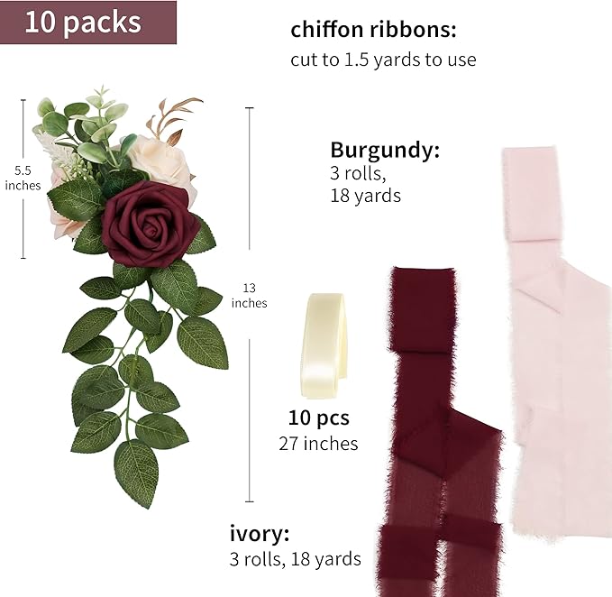 Artificial Flowers Pew Decor, Set of 10 Burgundy with Ribbon Ties