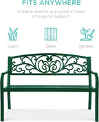 Best Choice Products Outdoor Bench Steel Garden Patio Porch Furniture for Lawn, Park, Deck w/Floral Design Backrest, Slatted Seat - Dark Green