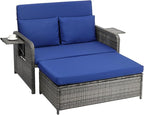 VINGLI Patio Daybed, Wicker Outdoor Daybed with Storage Ottoman & 5-Level Adjustable Backrest, All-Weather Rattan Cushioned Patio Loveseat Sofa for Garden Balcony Backyard (Navy, Gray)