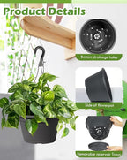 VIDELLY 4 Pcs Hanging Planters,10" Hanging Pots Plastic Hanging Flower Plant Basket with Drainage Trays & Chain Holder for Outdoor Indoor Plants Garden Balcony Decoration, Dark Gray