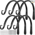 Worth Garden 6-Pack 10" Plant Hanger Bracket - Hand-Forged Wrought Iron Powder-Coated Heavy Duty Wall Hooks - Black Curved Plant Hanging Hooks for Bird Feeders, Flower Baskets, Indoor & Outdoor Use