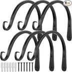 Worth Garden 6-Pack 10" Plant Hanger Bracket - Hand-Forged Wrought Iron Powder-Coated Heavy Duty Wall Hooks - Black Curved Plant Hanging Hooks for Bird Feeders, Flower Baskets, Indoor & Outdoor Use