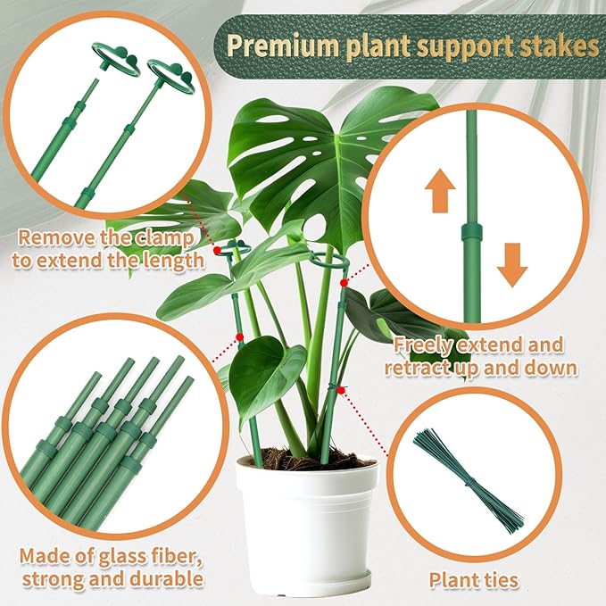 Telescoping Plant Stakes,7Pcs 14.3In to 25In Adjustable Monstera Plant Support Orchid Sticks with Clips, Plant Sticks Support Tall for Monstera,Orchids,Tomatoes,Vines & Indoor Outdoor Plants