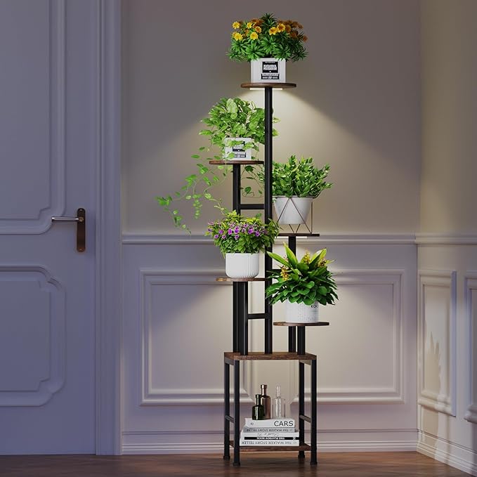 Plant Stand Indoor with Grow Light,6-Tiered Tall Plant Stand Indoor, Metal Plant Shelf with Adjustable Light, Ideal for Living Room, Garden, Patio (Black Brown)