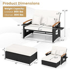 Tangkula Patio Rattan Daybed with 4-Level Adjustable Backrest, Outdoor Wicker Loveseat with Acacia Wood Armrest, Storage Ottoman & Folding Tray, Double Sunbed for Yard & Poolside (White & Black)