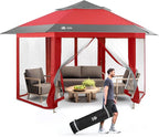 CROWN SHADES 13x13 Pop Up Gazebo with Mosquito Nettings, Patented Center Lock 6-Sided Portable Gazebo, 300D Silver-Coated Fabric UV Resistant, Pop Up Canopy Tent for Patio, Party, Red&Grey
