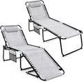 GYMAX Lounge Chairs for Outside, Extra High Folding Beach Tanning Lounger with Adjustable Backrest, Footrest & Removable Pillow, Sunbathing Lounge for Patio, Poolside (2, Grey with Pocket)