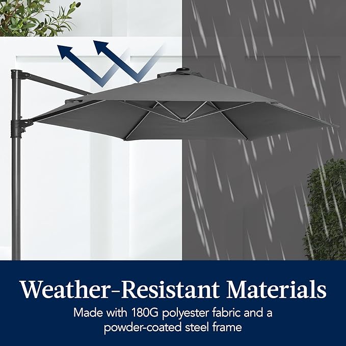 Best Choice Products 10ft Solar LED Offset Cantilever Hanging Market Patio Umbrella, Smooth 360° Rotation, 8 Sturdy Ribs, Easy Adjustment - Gray