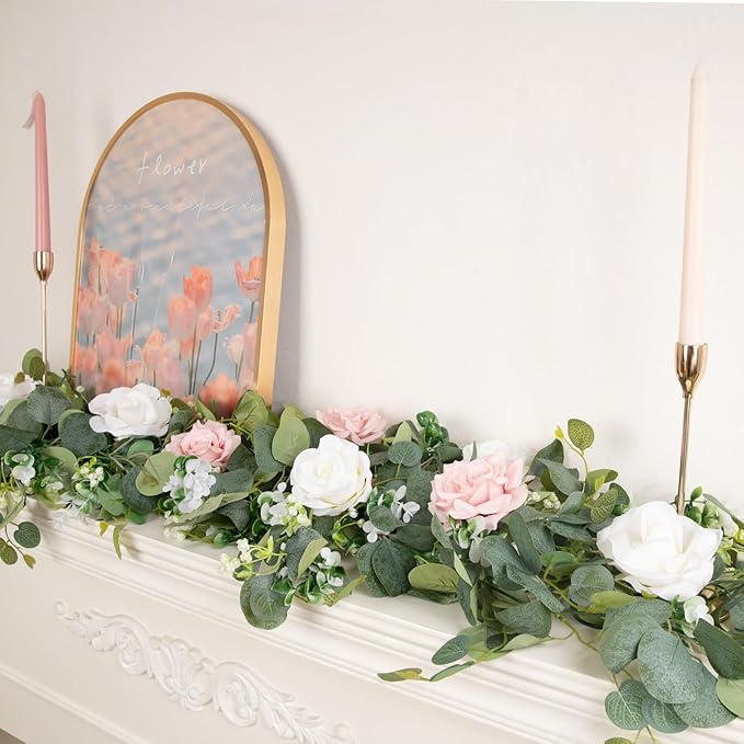 Artificial Eucalyptus Garland with White Blooms, 2 Pieces, 6 Ft Long