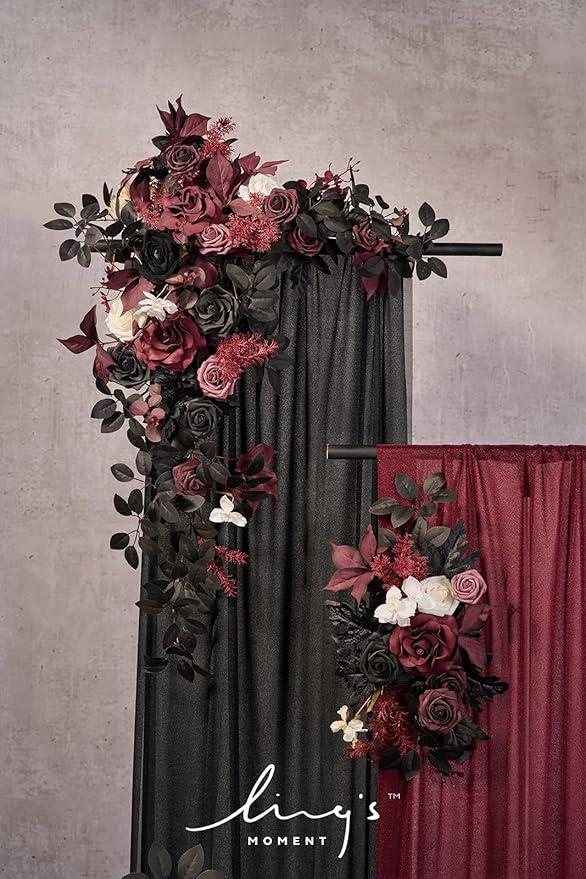 Artificial Flower Wedding Arch Decor Kit, Black and Burgundy, 4 Pieces