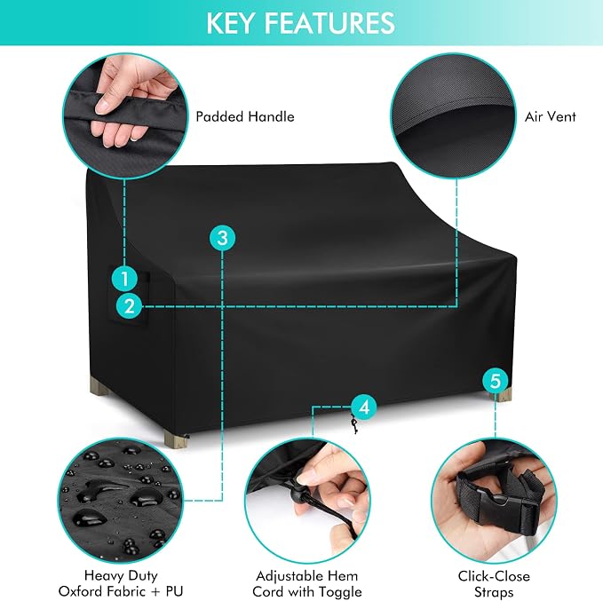 Sofa Cover for 4-Seater Patio Sofa, Black Oxford Waterproof with Air Vent