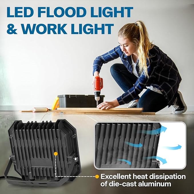 4 Pack LED Flood Lights Outdoor, 100W 10000LM Super Bright Floodlight Outside Work Light with 5.9FT Plug, IP65 Waterproof 6000K Outdoor LED Flood Light for Garage, Yard, Lawn, Garden