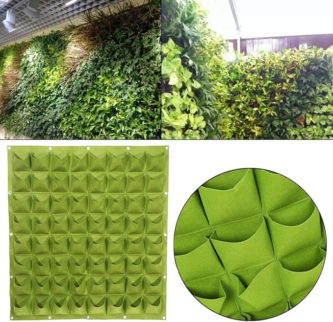 Hanging Planting Grow Bags, 64 Pockets Hanging Vertical Wall Planter Wall Mounted Grow Bag Outdoor Indoor Gardening Vertical Greening Flower Container, Planting Bags Storage Bags(1.0 m × 1.0 m, Green)