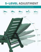 SERWALL Patio Chaise Lounge Chair Set of 2, 78'' Long 5-Positions Adjustable HDPE Outdoor Lounger for Pool, Poly Lounge Chair with Rolling Wheels & Cup Holder for Poolside, Deck, Dark Green