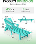 Chaise Lounge Outdoor, Lounge Chair Outdoor with Wood Texture, Adjustable 5-Position Backrest, HDPE Lounge Chair with Wheels & Cup Holder for Pool Deck Backyard,Lake Blue
