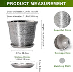 Ceramic Planter - 12 Inch Pots for Plants Indoor Outdoor, Round Planter with Drainage Hole and Saucer, Modern Decorative Planters, Large Plant Pot, House Patio Decor, Garden Gifts, Silver