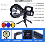 Solar Rechargeable Spotlight 3,000,000L High Lumens, Super Bright Led Spot Lights Outdoor Handheld Long Range Flashlight with 6 Modes, 3 Colored Filters, Tripod, USB C for Fishing Boating