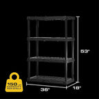 CENTREX CX 4-Tier Heavy Duty Plastic Storage Shelves that Support up to 150lbs/shelf, Organization and Storage, Weather-Resistant Design, Easy Assembly, Black (53”H x 36”W x 18”D)
