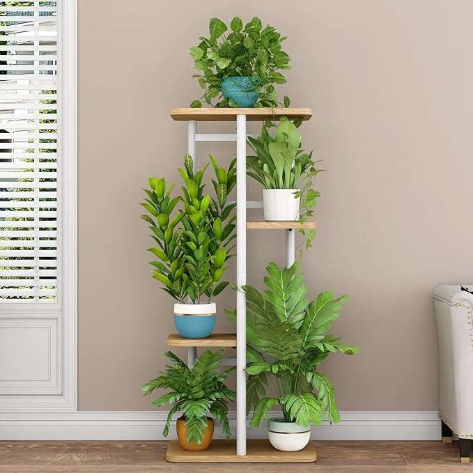 LINZINAR Plant Stand Indoor 4 Tier 5 Potted Multiple Plant Shelf Stands for Garden Corner Balcony Living Room White