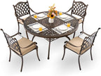 5-Piece Cast Aluminum Patio Furniture, Outdoor Dining Sets for 4 Include 54" Round Patio Dining Table and 4 Stackable Chairs with Cushions & Umbrella Hole (Bronze)