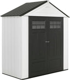 Rubbermaid Resin Outdoor Storage Shed With Floor (7 x 3.5 Ft) Weather Resistant, White, Organization for Home/Backyard/Garden Tools/Lawn Mower/Bike Storage/Pool Supplies