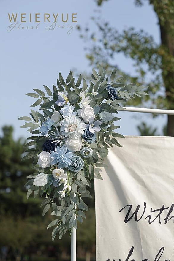 Blue Silk Rose Wedding Arch Swags, 2-Piece Set with Ties and Clips