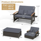 Tangkula Patio Rattan Daybed with 4-Level Adjustable Backrest, Outdoor Wicker Loveseat with Acacia Wood Armrest, Storage Ottoman & Folding Tray, Double Sunbed for Lawn Yard & Poolside, Grey & Brown