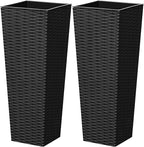 Greesum 24 Inch Tall Plastic Planters (Set of 2), Detachable Inner Pot & Drainage Holes, Outdoor Decorative Flower Pots for Large Plants, Trees, Patio, and Garden, Black
