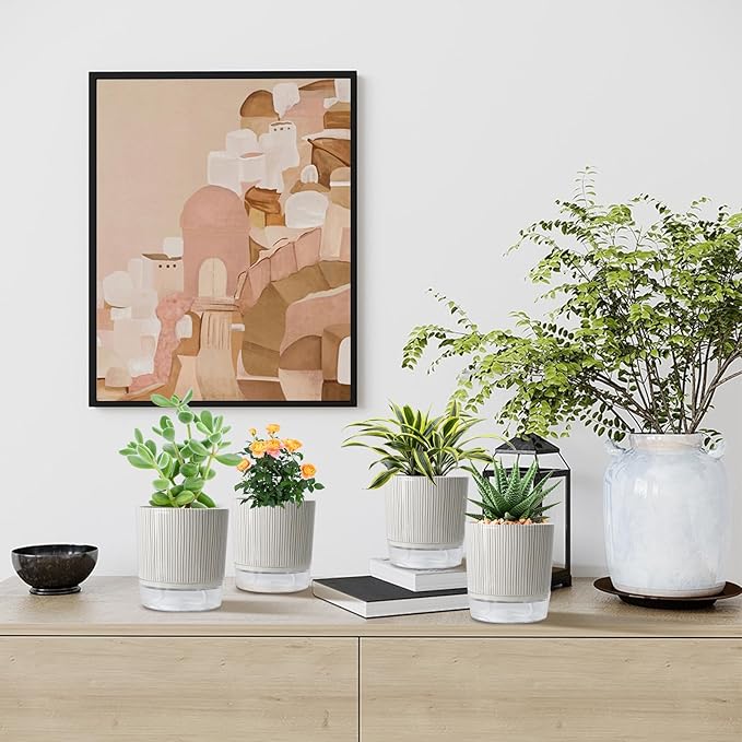 Self Watering Pots for Indoor Plants, 5 & 4 Inch Stylish Flower Pots, Set of 4 Modern Planters with Self Watering Plant Feature (Black Stripes)