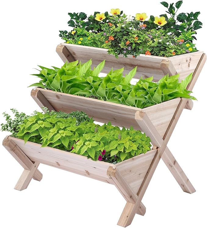Raised Garden Bed, 3-Tier Vertical Wooden Planter with Legs, Beige