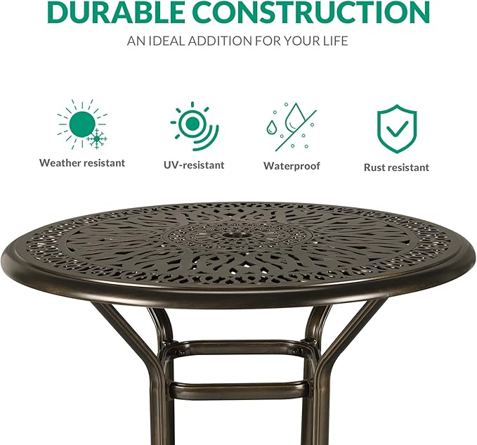 VIVIJASON 3-Piece Patio Swivel Bar Stools Set, All Weather Outdoor Cast Aluminum Bar Height Bistro Set with 2 Cushioned Bar Chairs & 35.4" High Bar Table w/Umbrella Hole for Backyard, Lawn, Garden