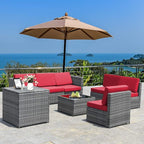 Tangkula 8 Pieces Wicker Patio Furniture Set with Storage Deck Box, PE Rattan Outdoor Sectional Sofa Conversation Set with Coffee Table & Cushions, Outside Furniture for Garden Yard Poolside (Red)