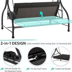U-MAX Porch Swing with Cover, Patio Swing with Adjustable Backrest&Canopy 3 Seat Outdoor Swing with Canopy 2-in-1 Convertible Patio Daybed with Removable Black Cushions