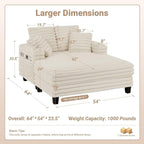 64" Chaise Lounge Chair Indoor, Oversized Sleeper Chair with Wood Frame, Upholstered Sofa Bed for Living Room, Movie Room, Bedroom with 4 Storage Pockets&2 Cup Holders(Plush Corduroy, Beige)