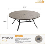 VICLLAX Round Patio Table with Adjustable Umbrella Hole for 8, All Weather Metal Outdoor Dining Table for Lawn Garden, 59.8" Outdoor Coffee Table, Grey Wood-Like Tabletop