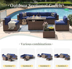Aoxun 8-Piece Outdoor Patio Furniture Set - 44” Fire Pit Table, Durable Wicker Rattan Sectional Sofa with Coffee Table, Comfy Thickened Cushions, Blue (Waterproof Cover Included)
