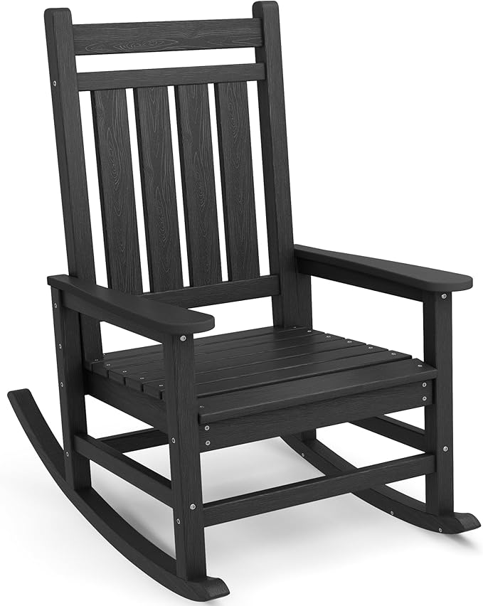 SERWALL Oversized Rocking Chair, Outdoor Rocking Chair for Adults, All Weather Resistant Porch Rocker for Lawn Garden, Black