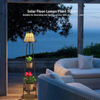 2 Pack 45.5'' Outdoor Floor Lamps with 2 Tier Plant Stand, Solar Powered Metal Waterproof Lights for Patio Deck Yard Garden Porch Decor