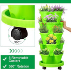 Umigy 2 Set 5 Tier Stackable Planters Vertical Garden Planters for Strawberry Herb Flower and Vegetable Indoor Outdoor Gardening Pots with Removable Wheels and Bottom(Green)