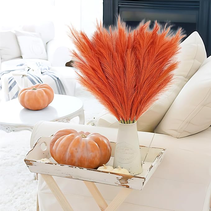 Faux Pampas Grass Stems 8 Pack, 35 Inch Burnt Orange Silk Greenery