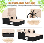 Tangkula Patio Rattan Daybed with Retractable Canopy, Outdoor Wicker Sunbed Lounger with 2 Foldable Side Tables, Thick Seat & Back Cushions, Outside Double Daybed for Garden, Backyard, Porch