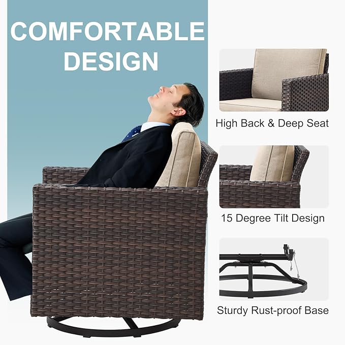 Belord Outdoor Sectional Sofa with 41" Propane Fire Pit Table - 9 Piece Patio Conversation Set with Storage Box and Swivel Rocker Chairs All-Weather PE Wicker Furniture Set Brown